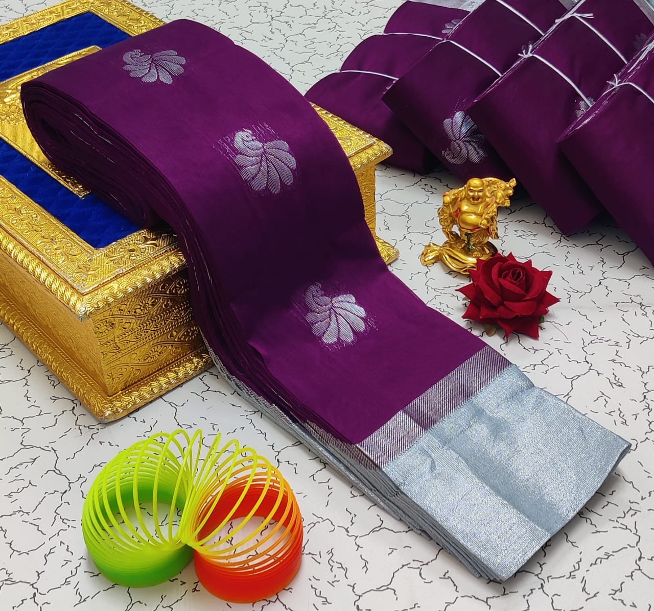 Silver Jari with Leaf Border and Mango Butta Work Cotton Silk  Saree